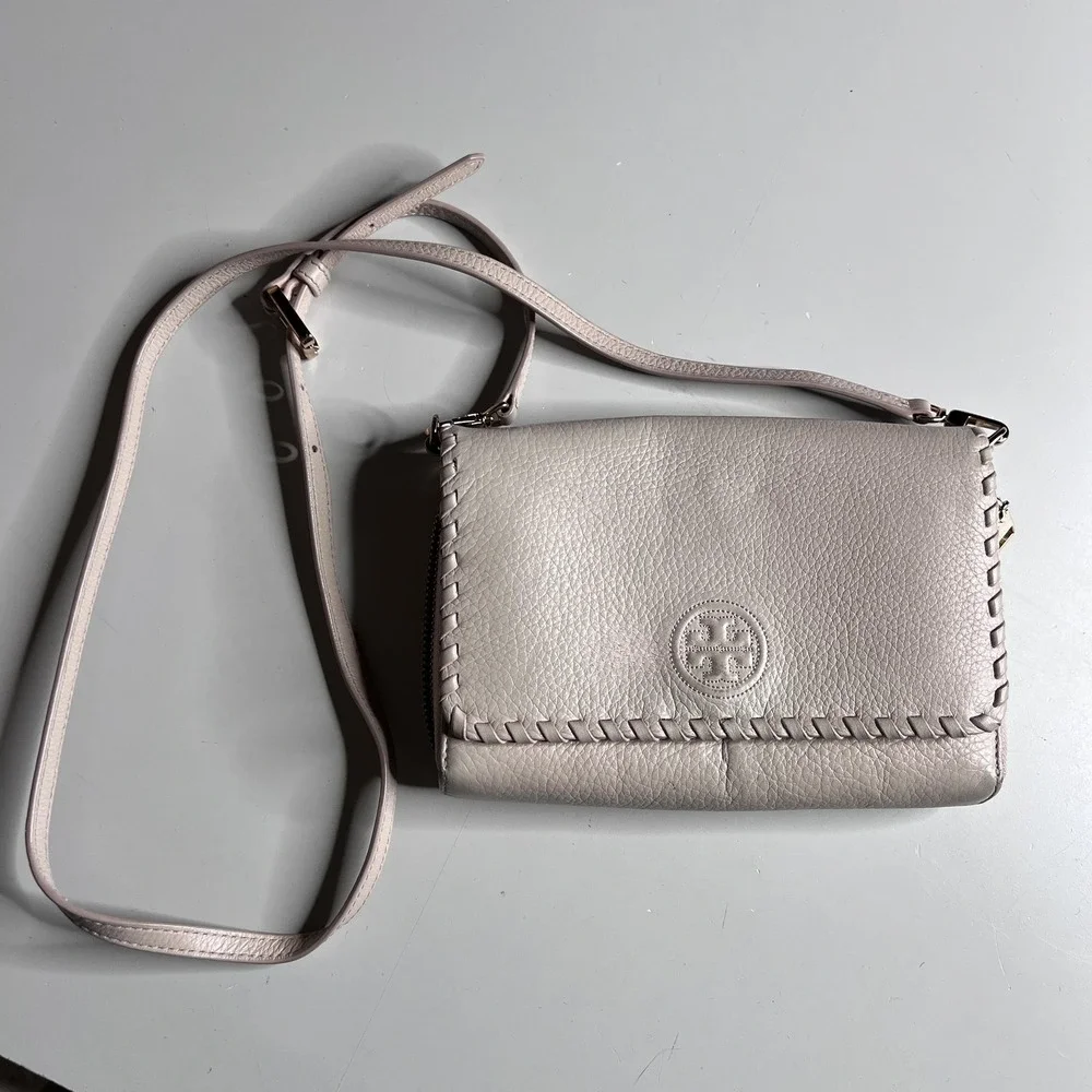 Tory Burch Crossbody Bag Womens Small Beige Leather Flap Wallet‎ Whipstitch Logo